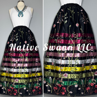 Black Floral Emb. Long Overlay Satin Ribbon Skirt