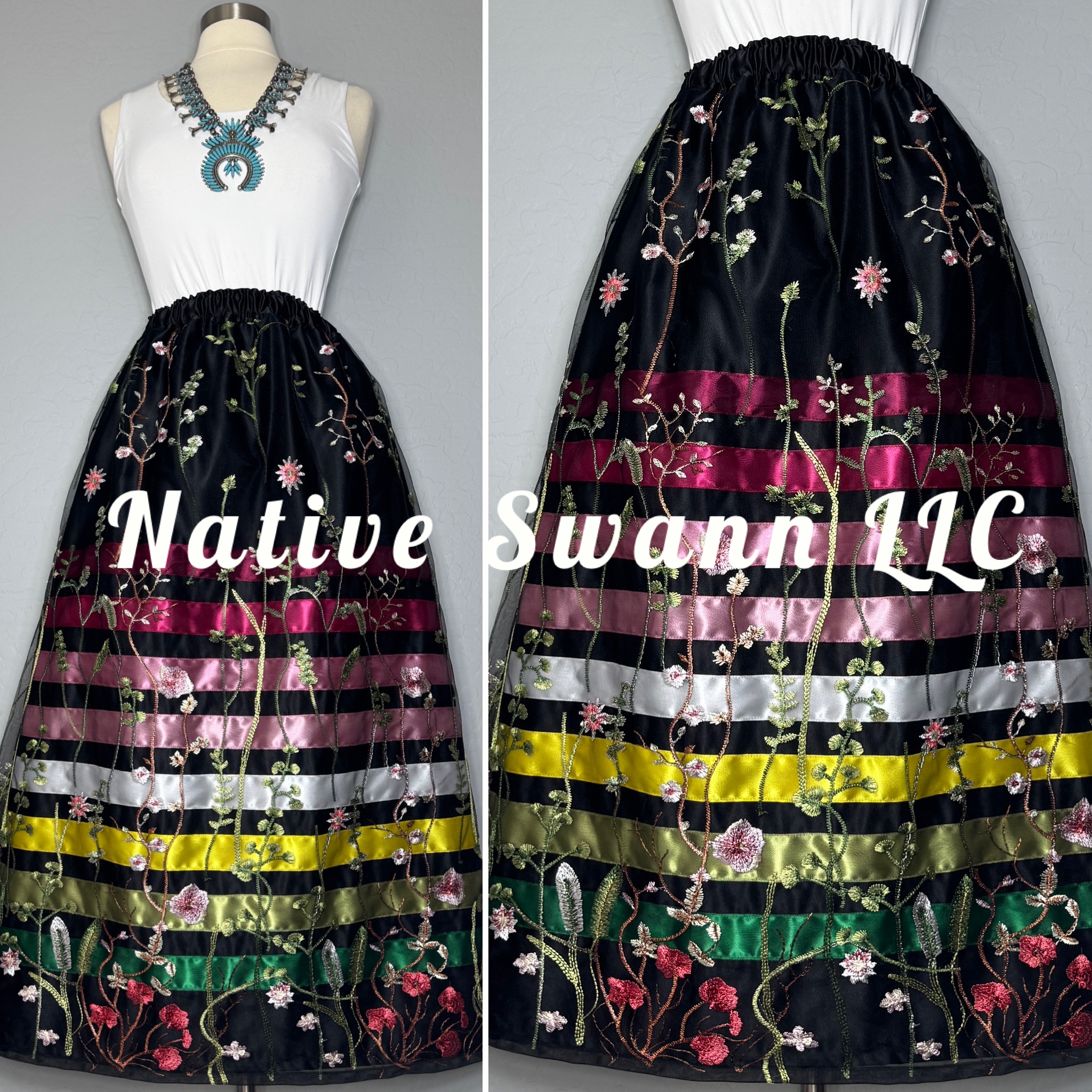 Black Floral Emb. Long Overlay Satin Ribbon Skirt