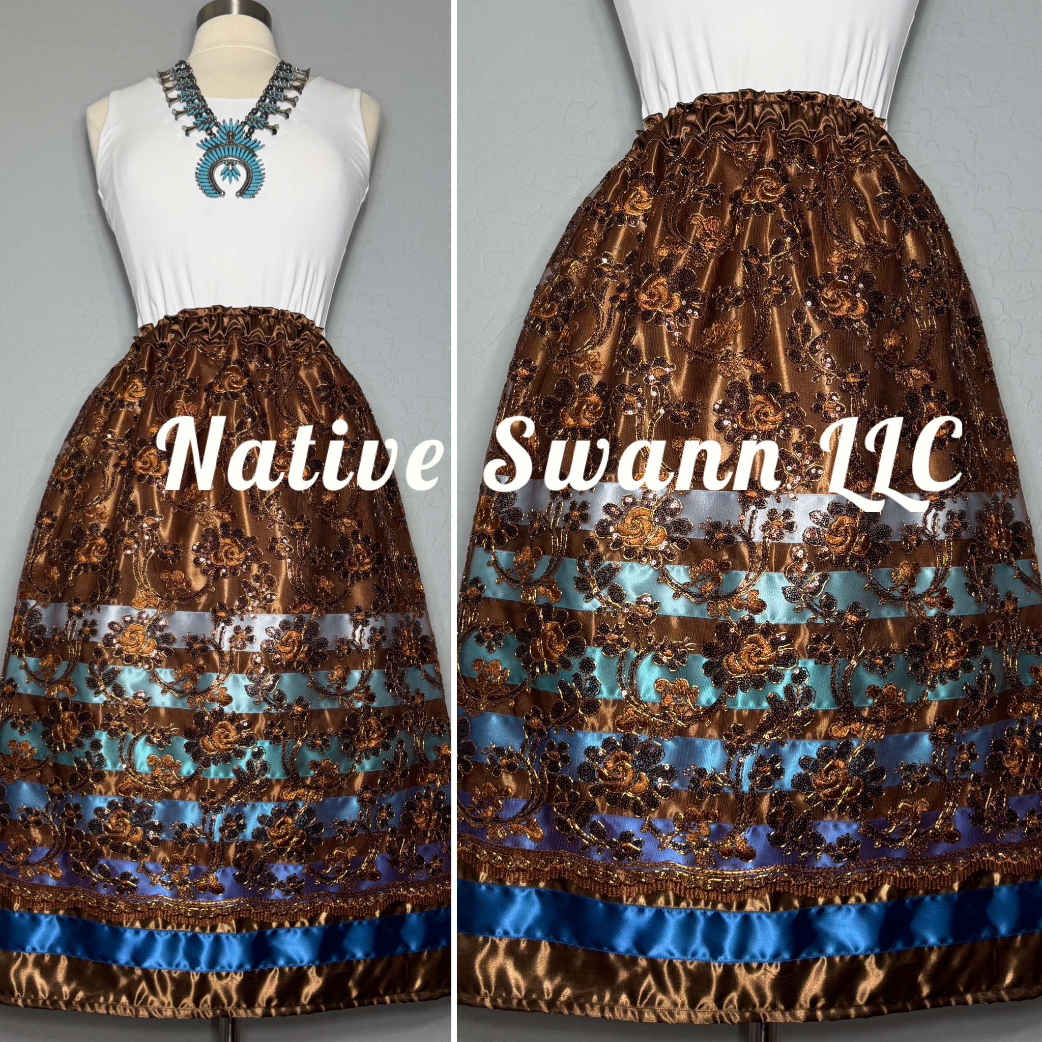 Brown Floral Overlay Satin Ribbon Skirt