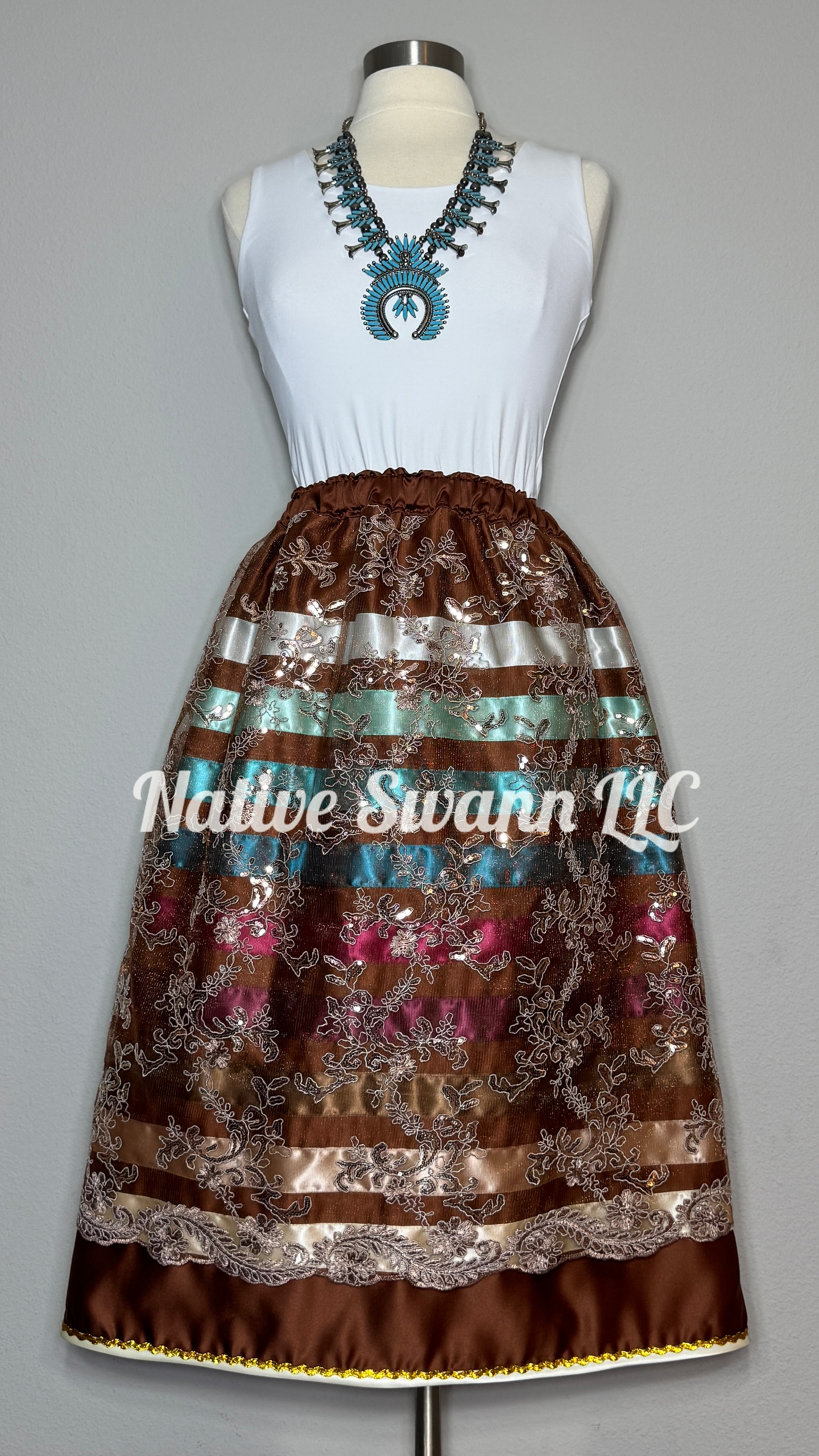 Brown Floral Overlay Satin Ribbon Skirt