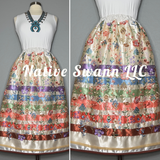 Beige Embroidered Floral Overlay Satin Ribbon Skirt