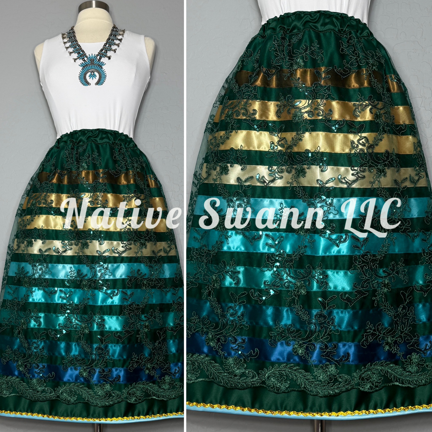 Hunter Green Floral Overlay Satin Ribbon Skirt