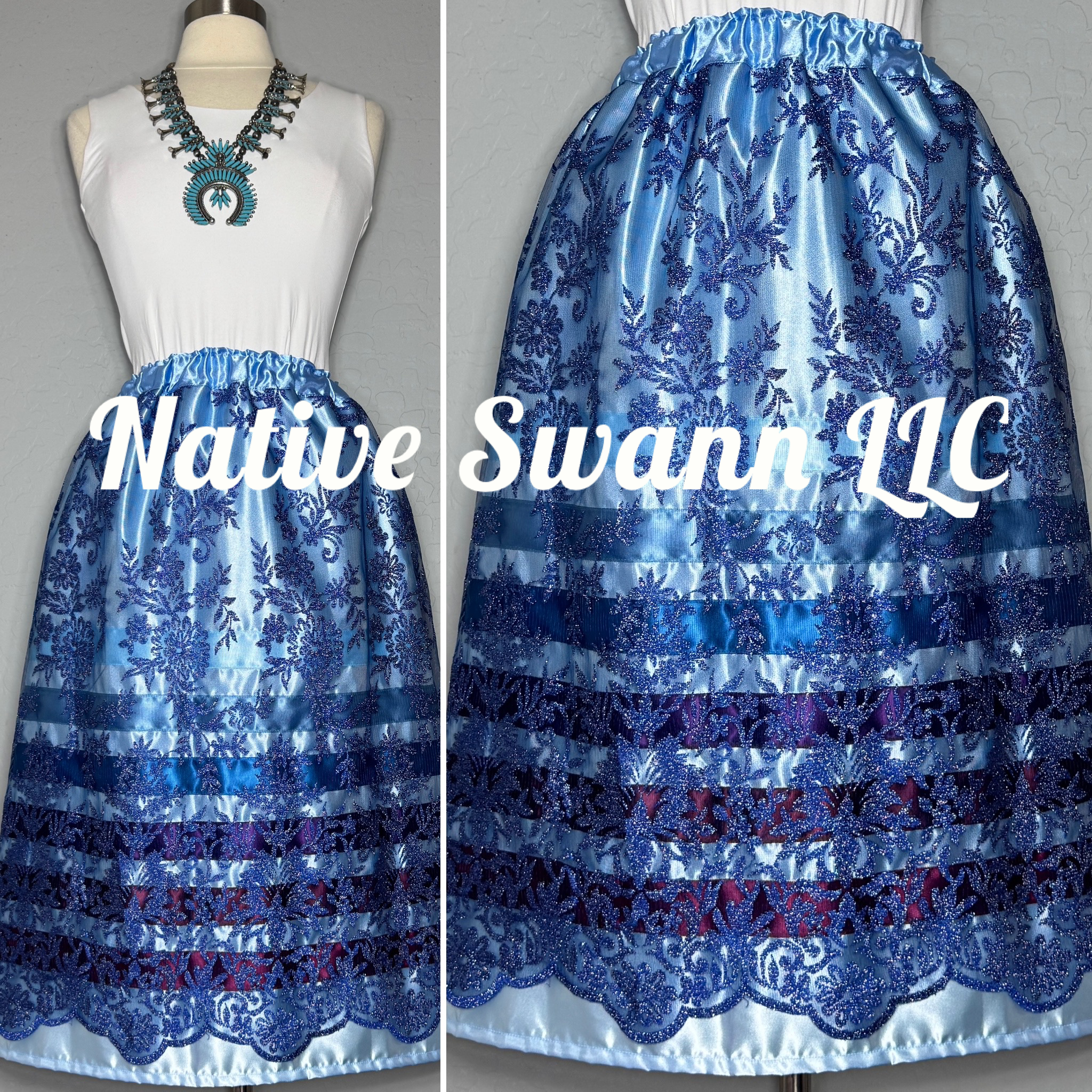 Blue Floral Overlay Satin Ribbon Skirt