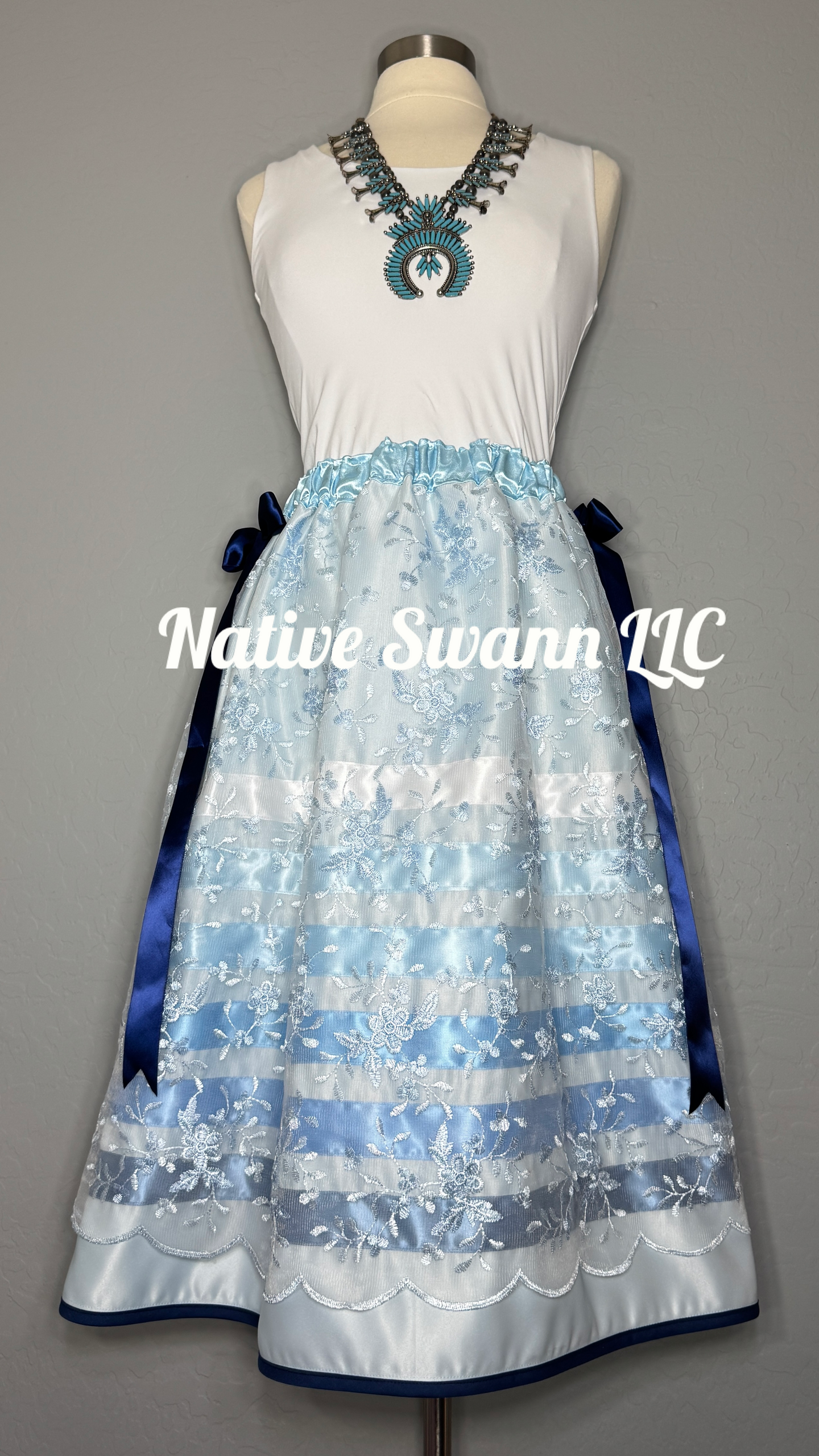 Lt Blue Embroidered Floral Overlay Satin Ribbon Skirt w/ Bows on both sides