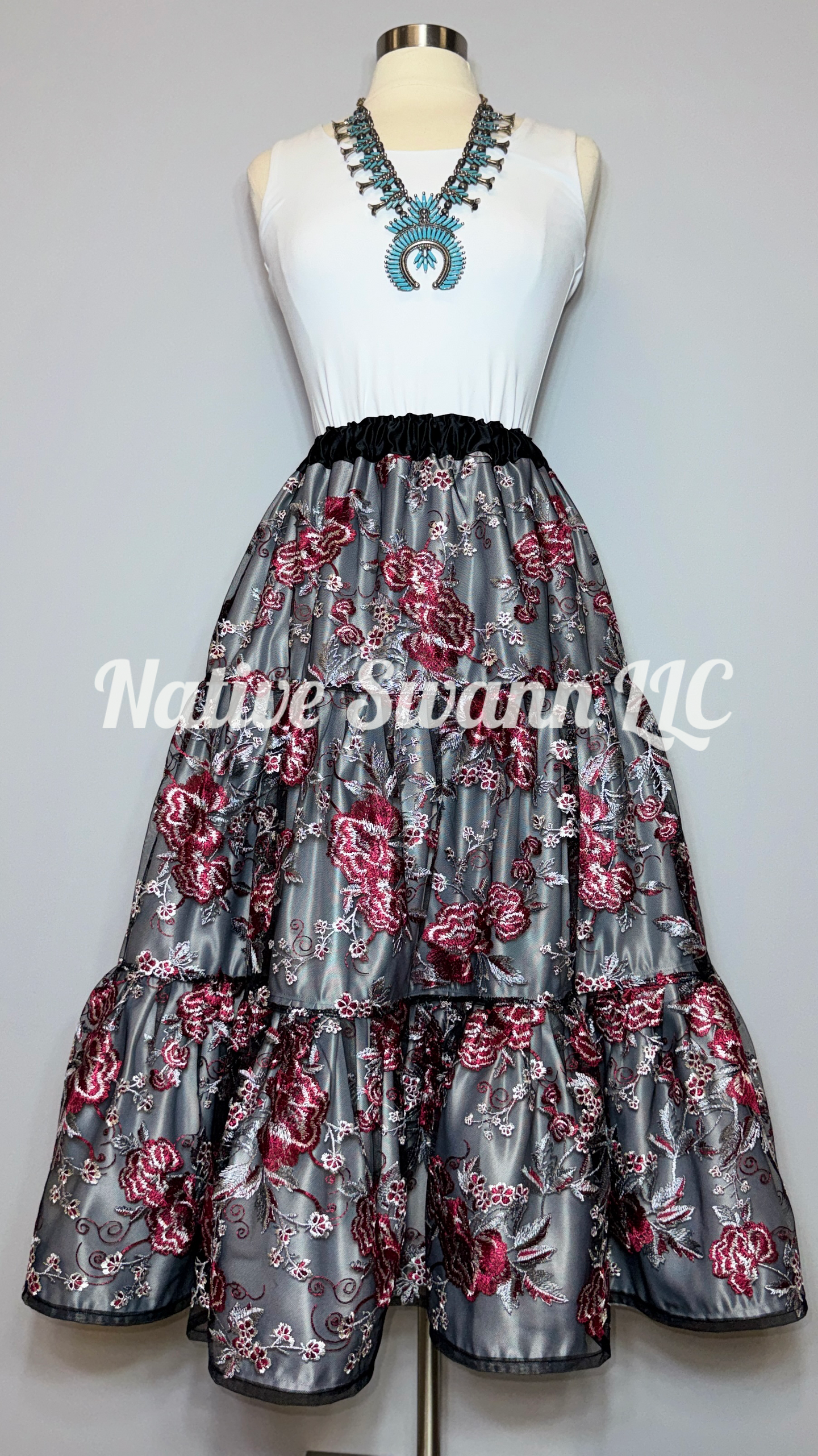 Burgundy-Grey-Black Embroidered Floral 3 Tier Overlay Satin Skirt