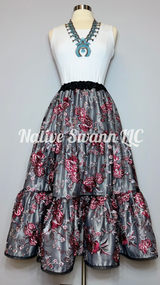 Burgundy-Grey-Black Embroidered Floral 3 Tier Overlay Satin Skirt