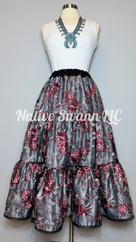 Burgundy-Grey-Black Embroidered Floral 3 Tier Overlay Satin Skirt