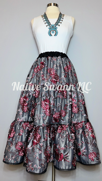 Burgundy-Grey-Black Embroidered Floral 3 Tier Overlay Satin Skirt