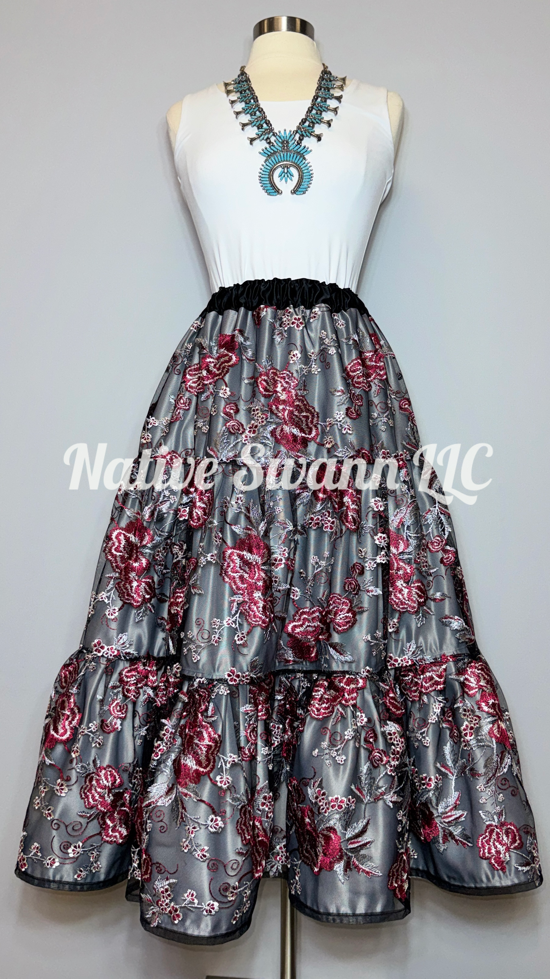 Burgundy-Grey-Black Embroidered Floral 3 Tier Overlay Satin Skirt