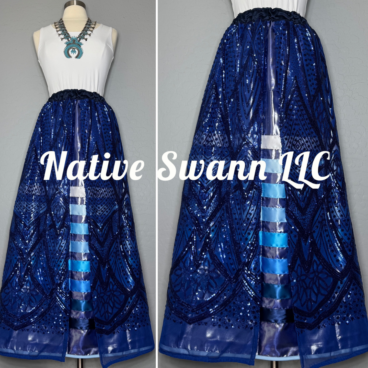 Navy Blue Sequins Long Overlay Satin Ribbon Skirt