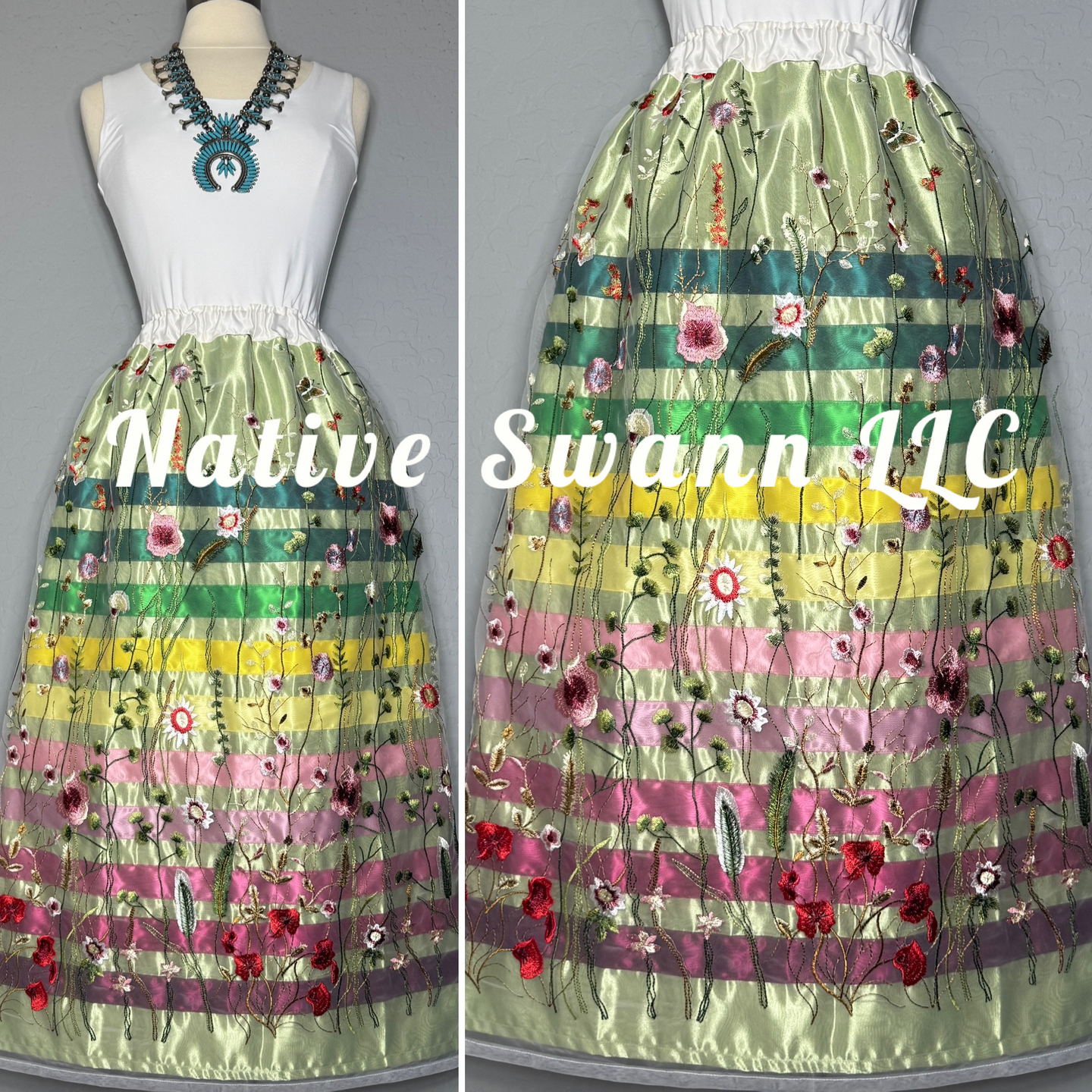 Sage Green Emb. Floral Long Overlay Satin Ribbon Skirt