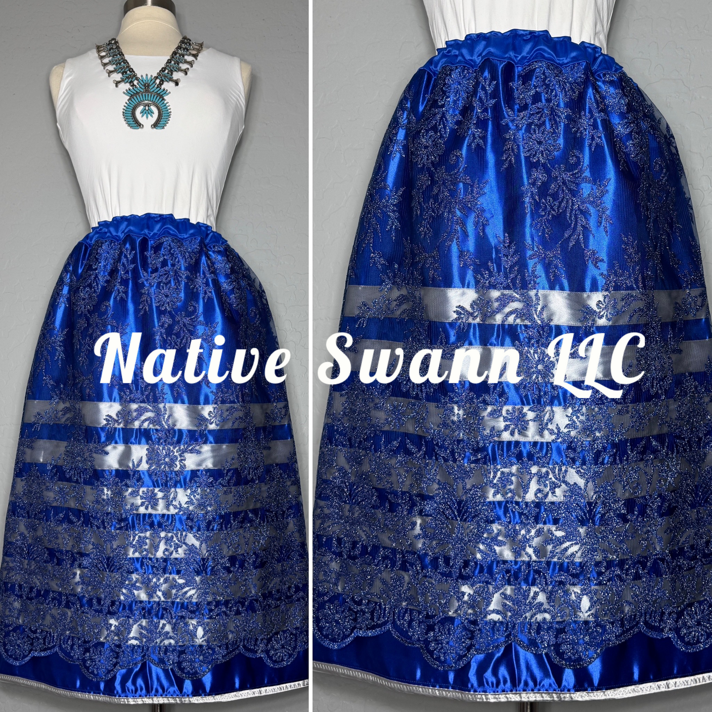 Royal Blue Floral Overlay Satin Ribbon Skirt