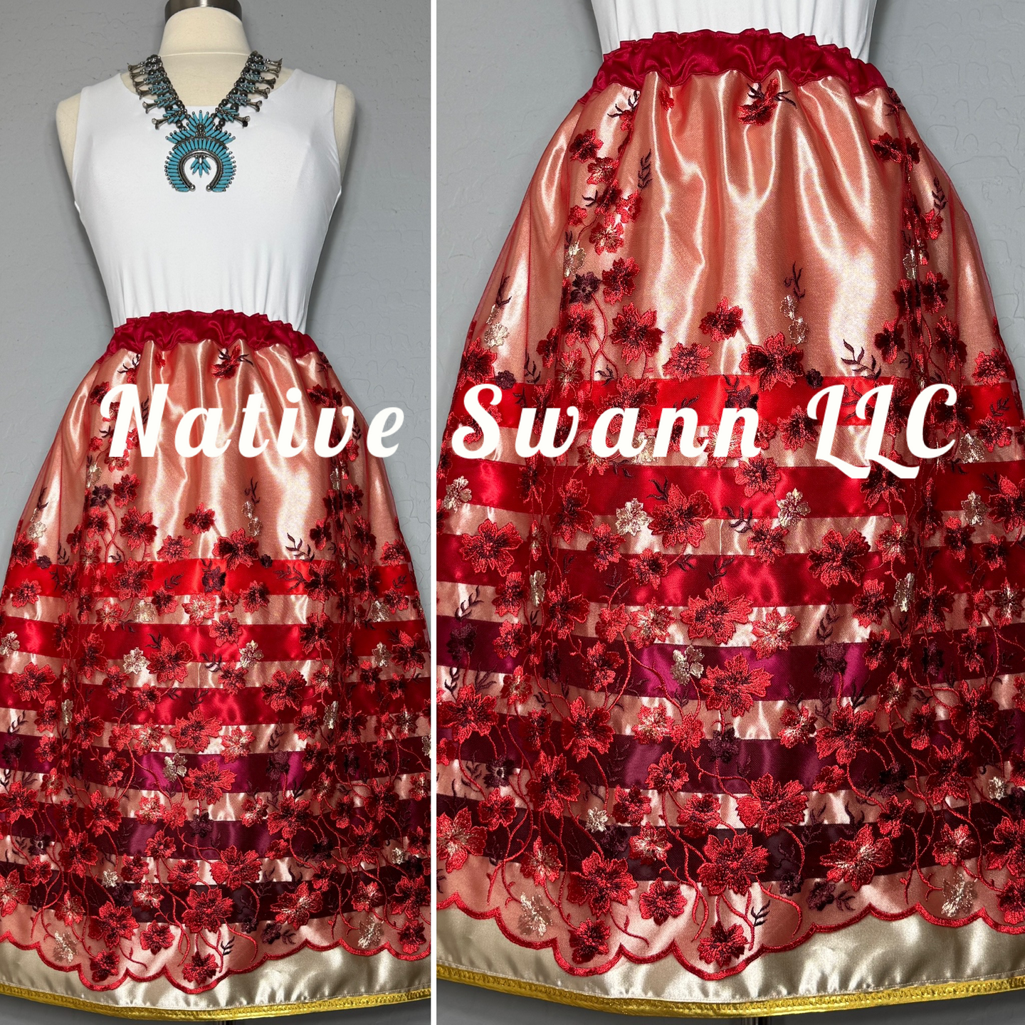 Red+Gold Emb Floral Overlay Satin Ribbon Skirt