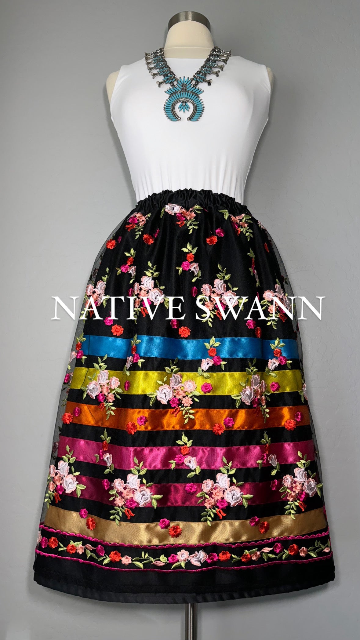 Black Embroidery Floral Overlay Satin Ribbon Skirt