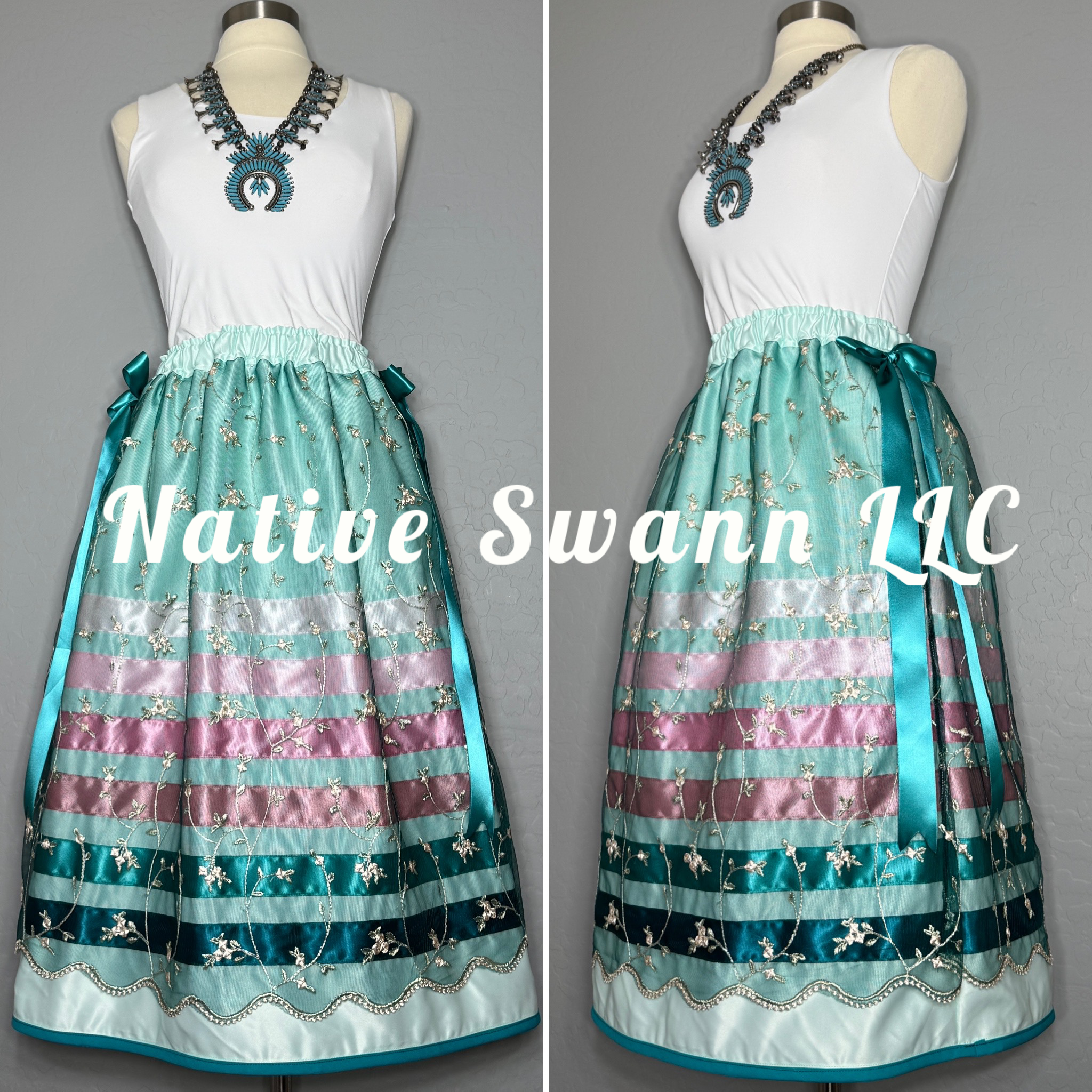 Mint Green Embroidered Florals Overlay Satin Ribbon Skirt w/ Bows on Sides