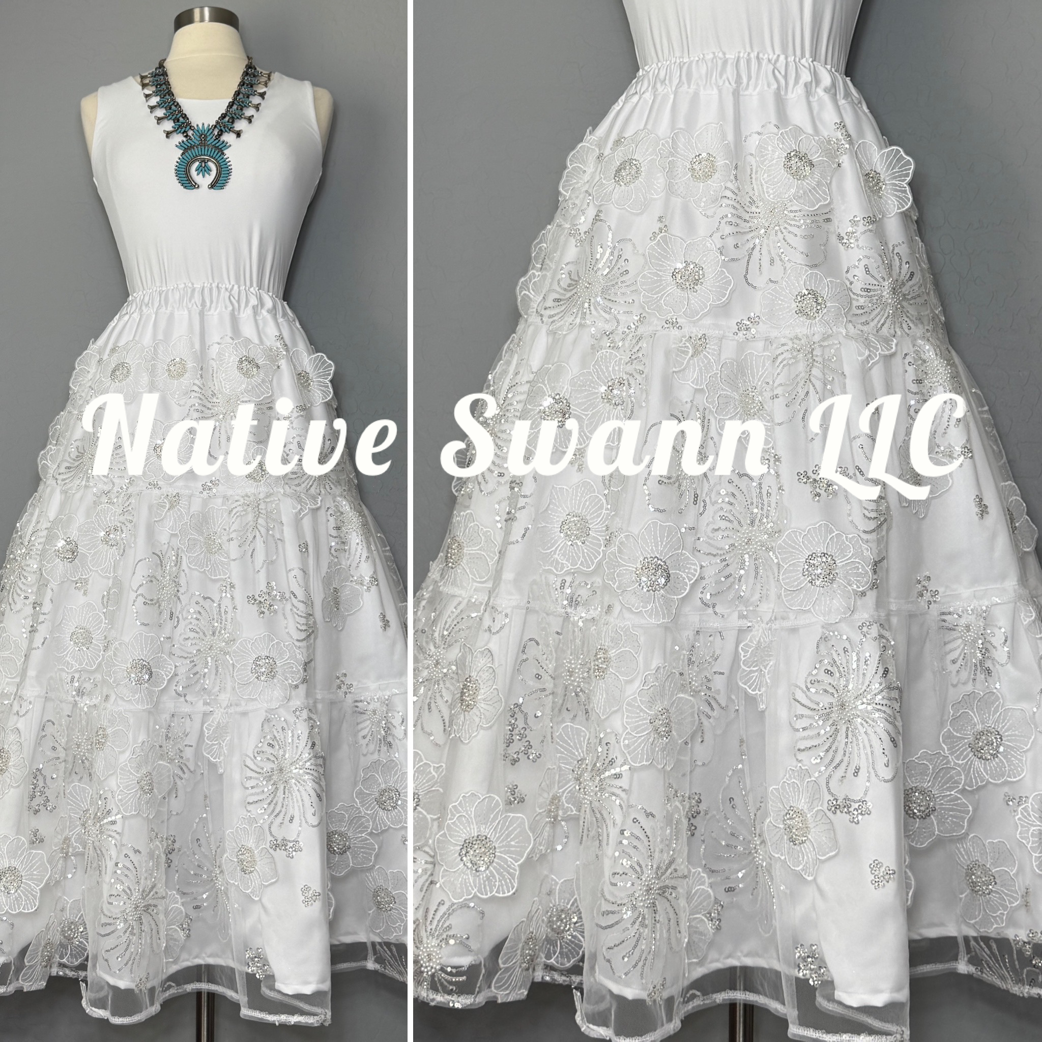 3 Tier 3D Floral Sequins Overlay Satin Skirt