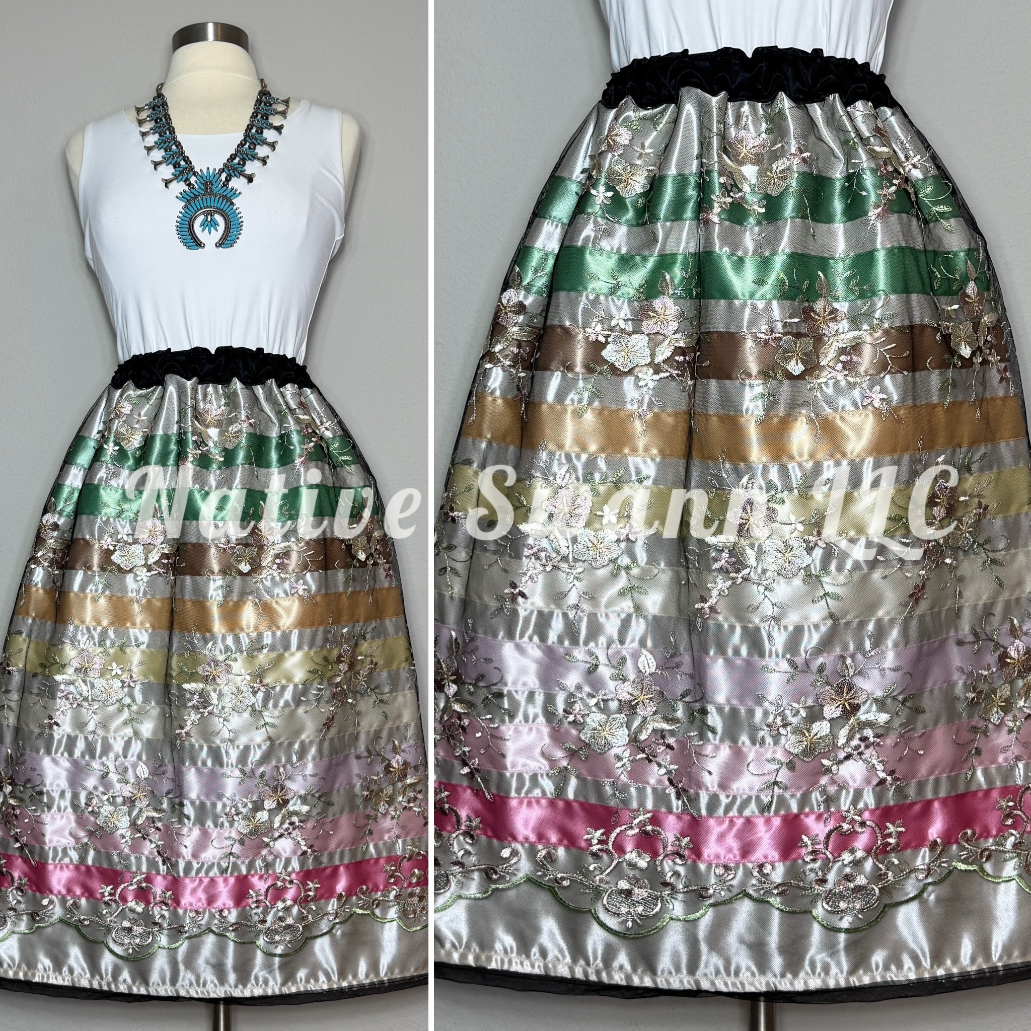 Ivory+Black/Moss Floral Overlay Satin Ribbon Skirt