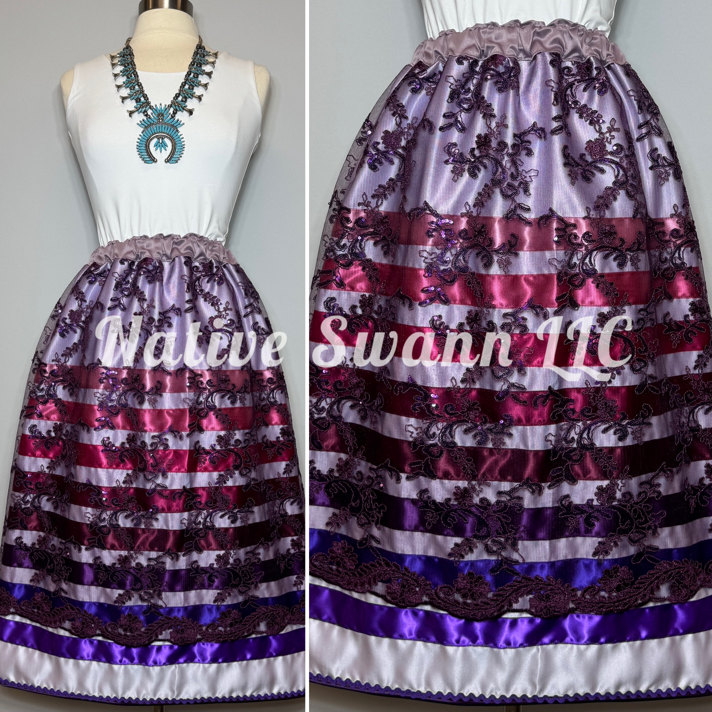 Purple Lavender Floral Overlay Satin Ribbon Skirt