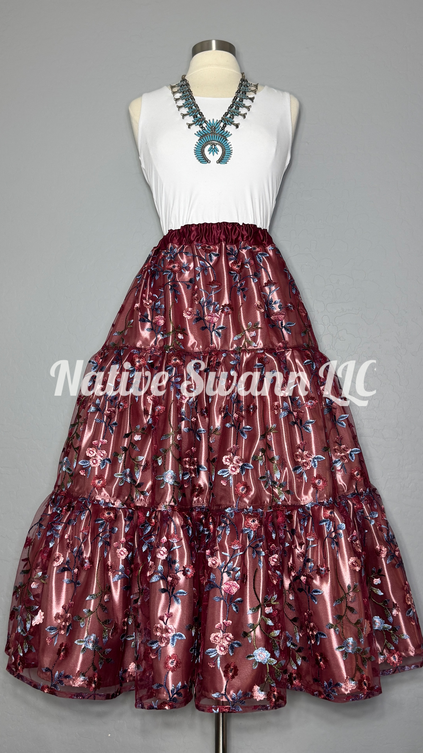 Burgundy + Cinderella Blue Embroidered Floral 3 Tier Overlay Satin Ribbon Skirt