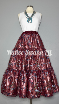 Burgundy + Cinderella Blue Embroidered Floral 3 Tier Overlay Satin Ribbon Skirt