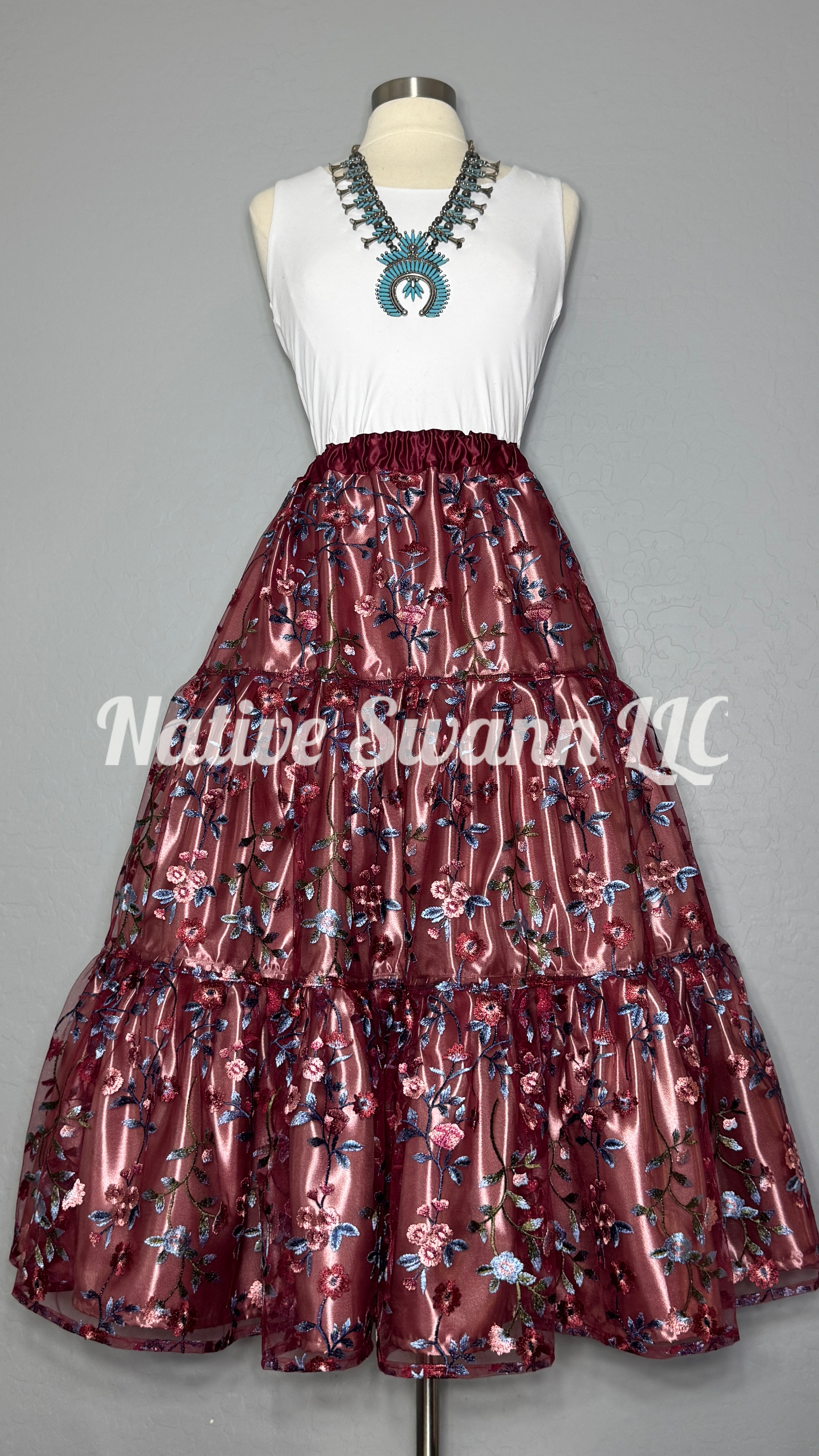 Burgundy + Cinderella Blue Embroidered Floral 3 Tier Overlay Satin Ribbon Skirt