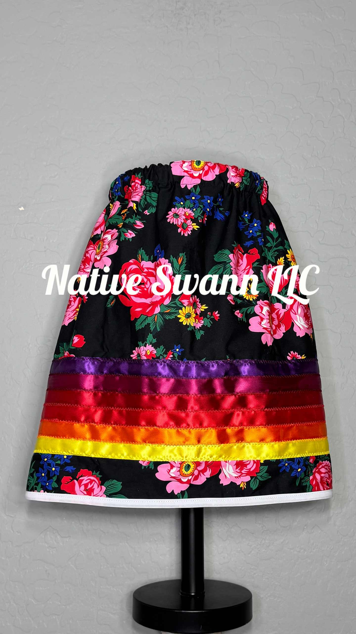 Black Florals Cotton Ribbon Skirt