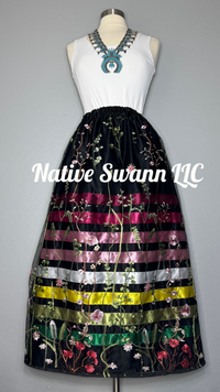 Black Floral Emb. Long Overlay Satin Ribbon Skirt