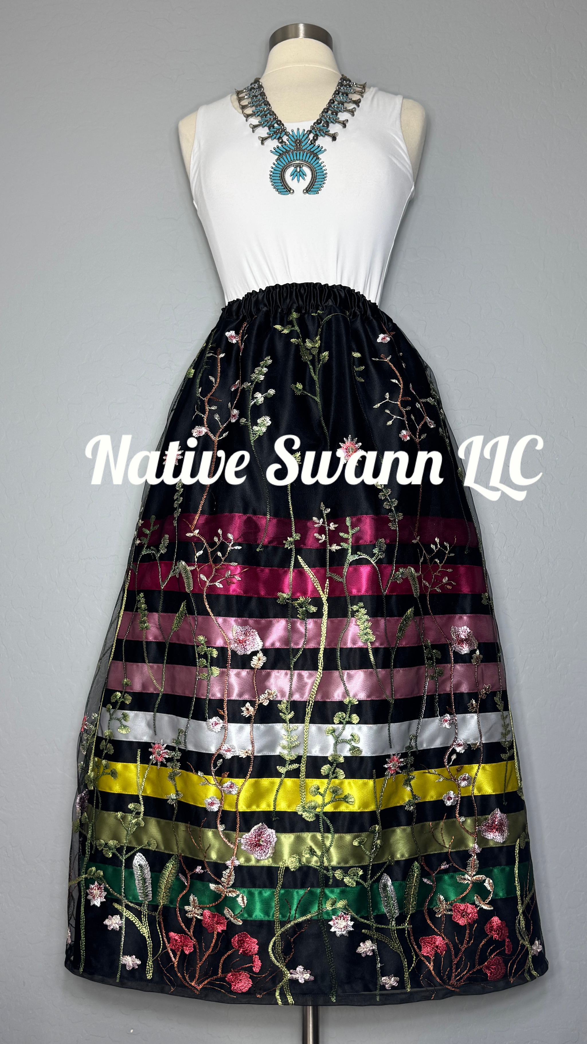 Black Floral Emb. Long Overlay Satin Ribbon Skirt