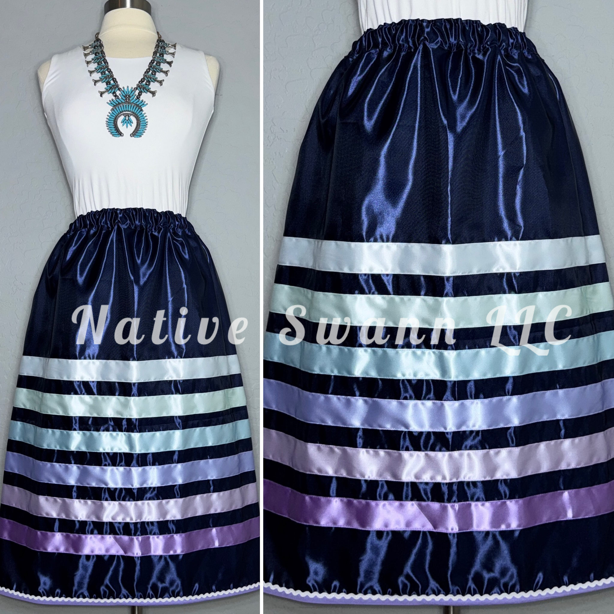 Navy Blue Satin Ribbon Skirt w/ Pockets