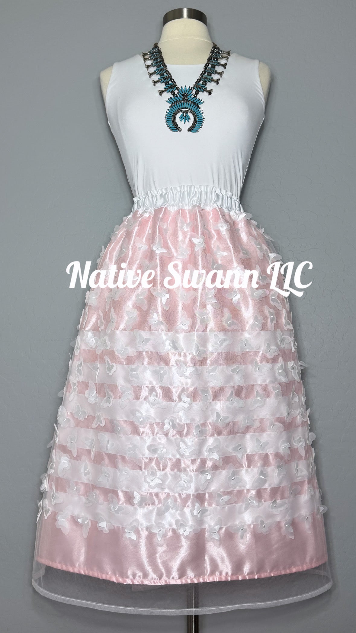 Lt. Pink White 3D Butterflies Overlay Satin Ribbon Skirt