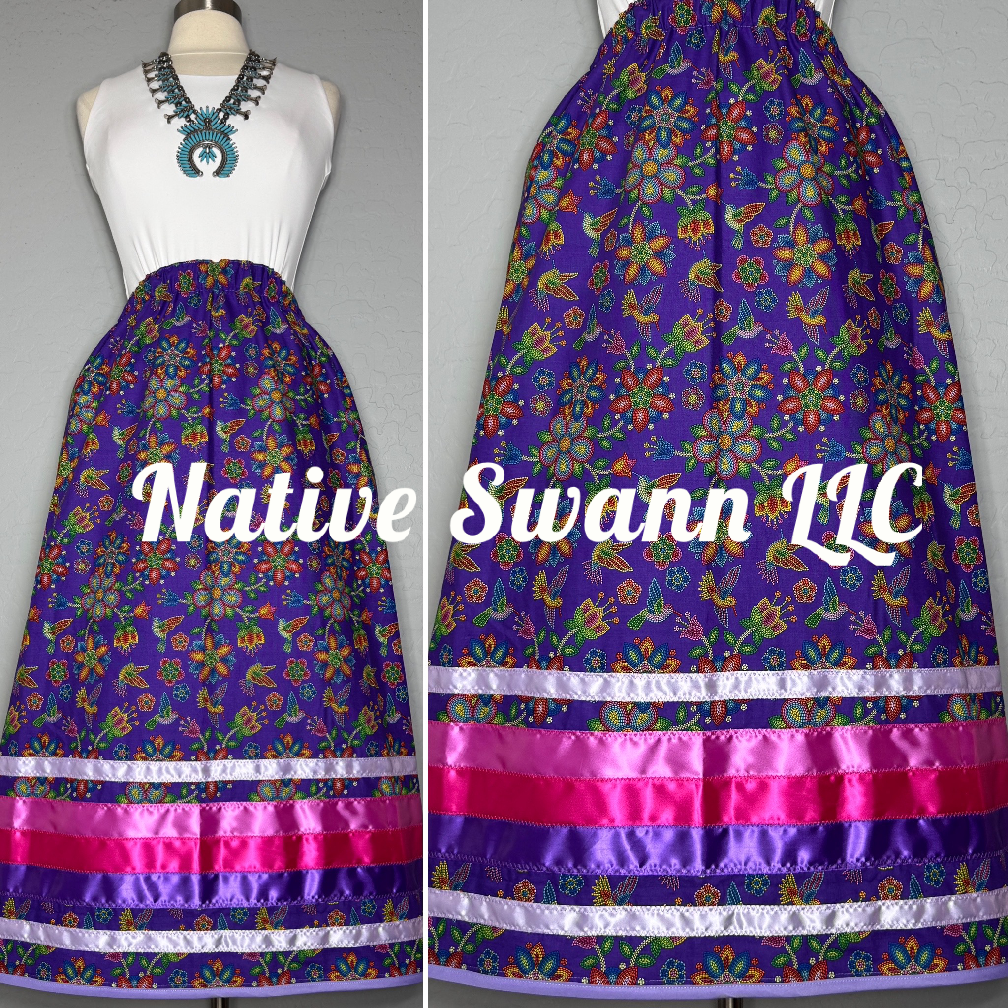 Purple Beaded Print Hummingbird Cotton Ribbon Skirt w/ Pockets