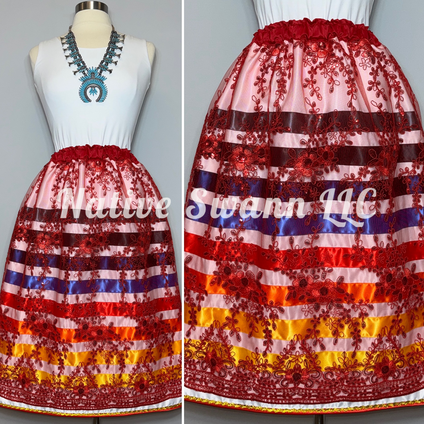 Red Floral Overlay Satin Ribbon Skirt