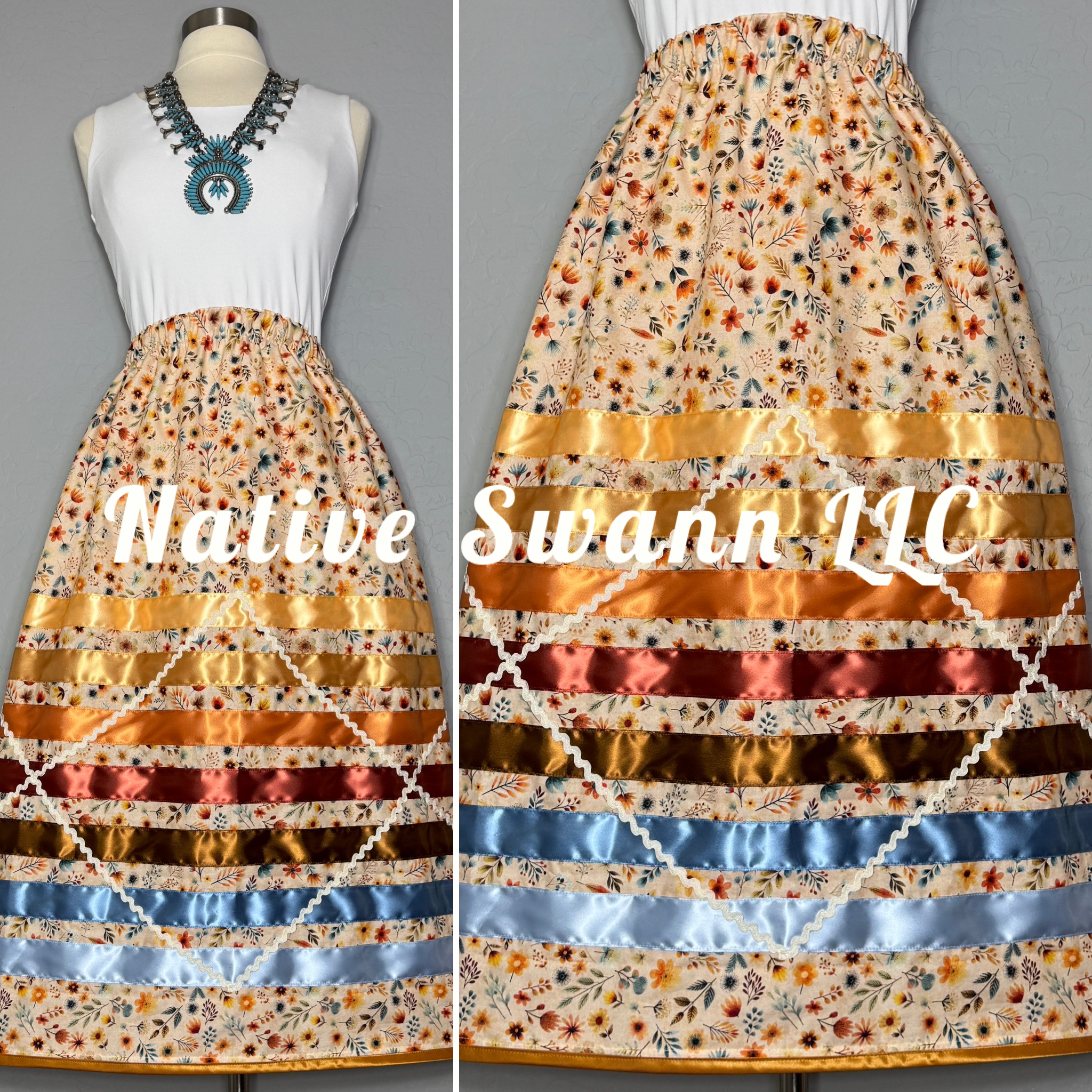 NEW Beige Florals Cotton Ribbon Skirt w/ Pockets