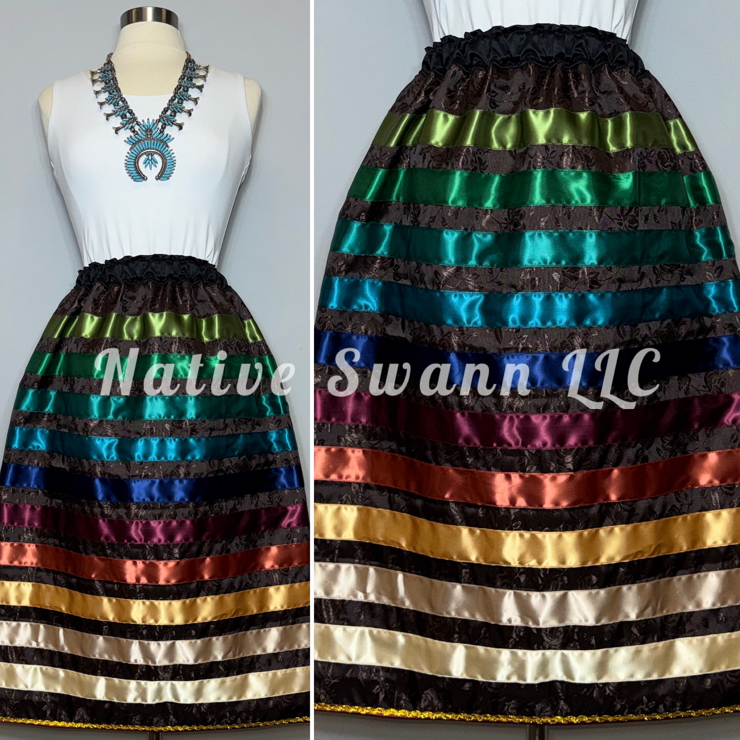 Brown Roses Satin Ribbon Skirt w/ Pockets