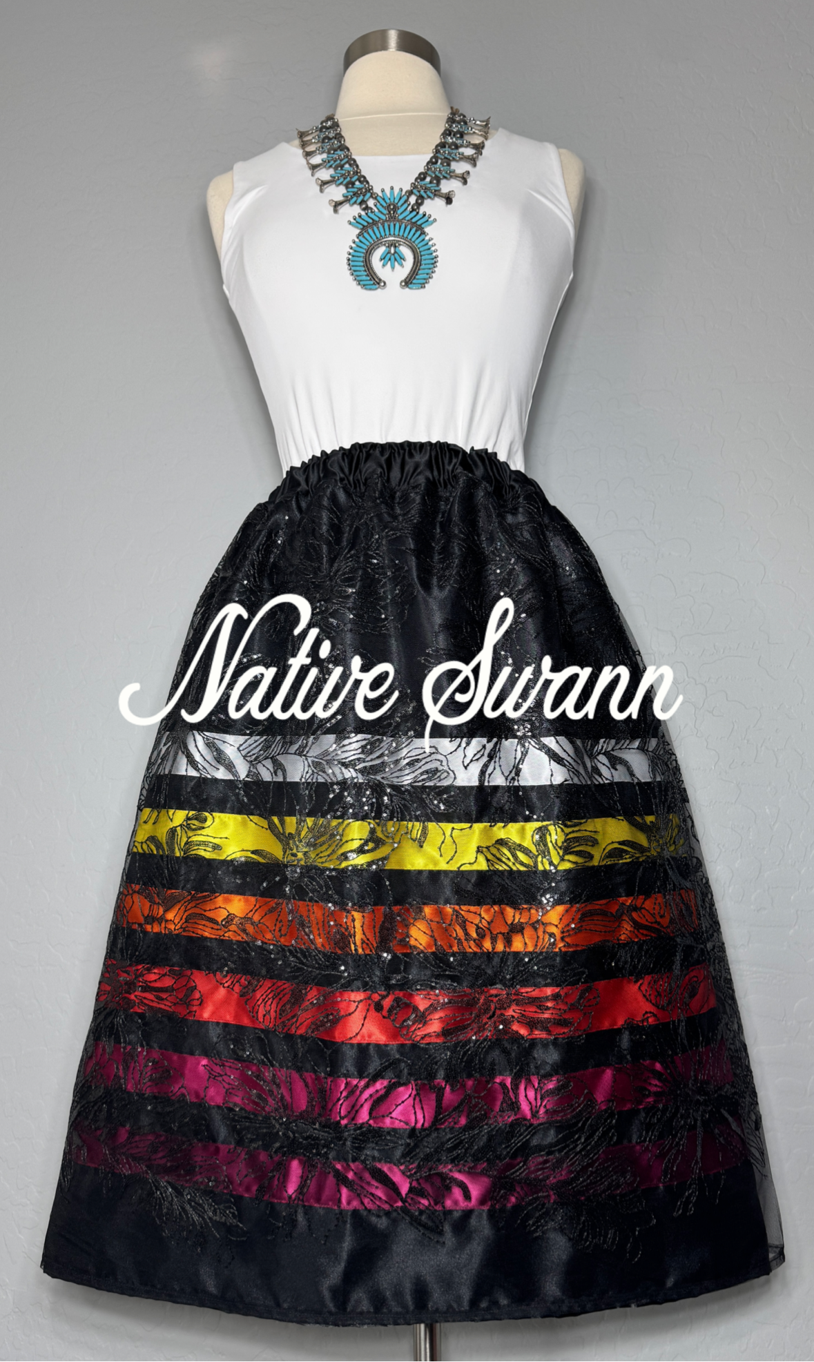 Black Leaf Overlay Satin Ribbon Skirt