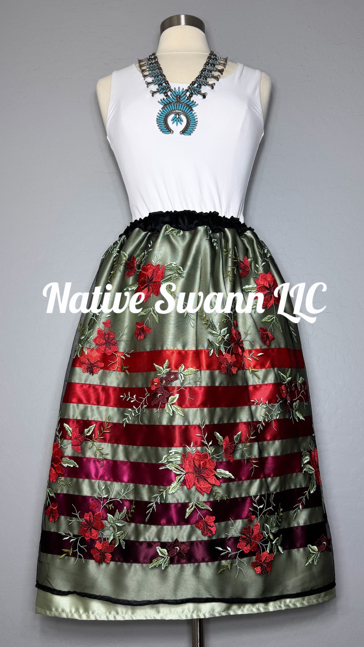Sage Green + Red Emb. Floral Overlay Satin Ribbon Skirt