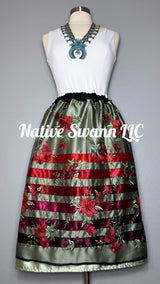 Sage Green + Red Emb. Floral Overlay Satin Ribbon Skirt