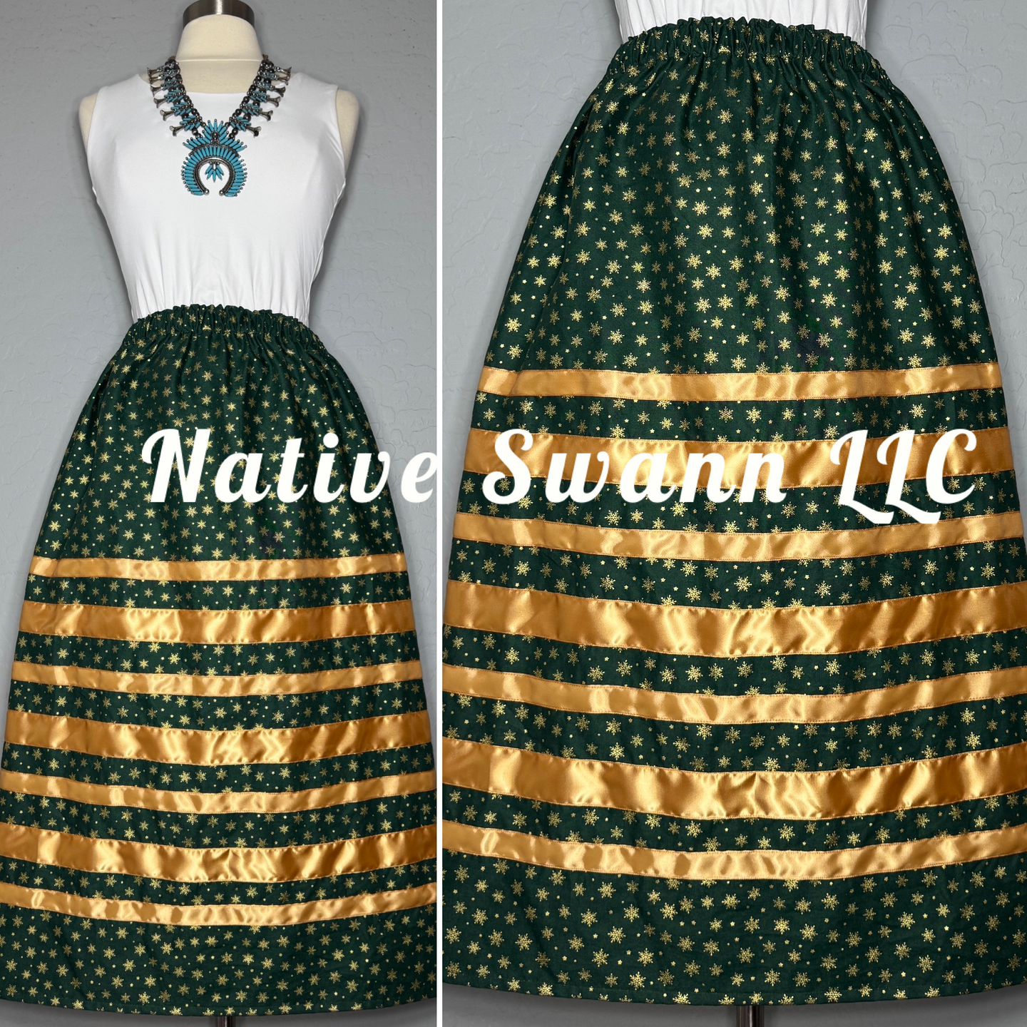 Hunter Green & Gold Snowflakes Cotton Ribbon Skirt