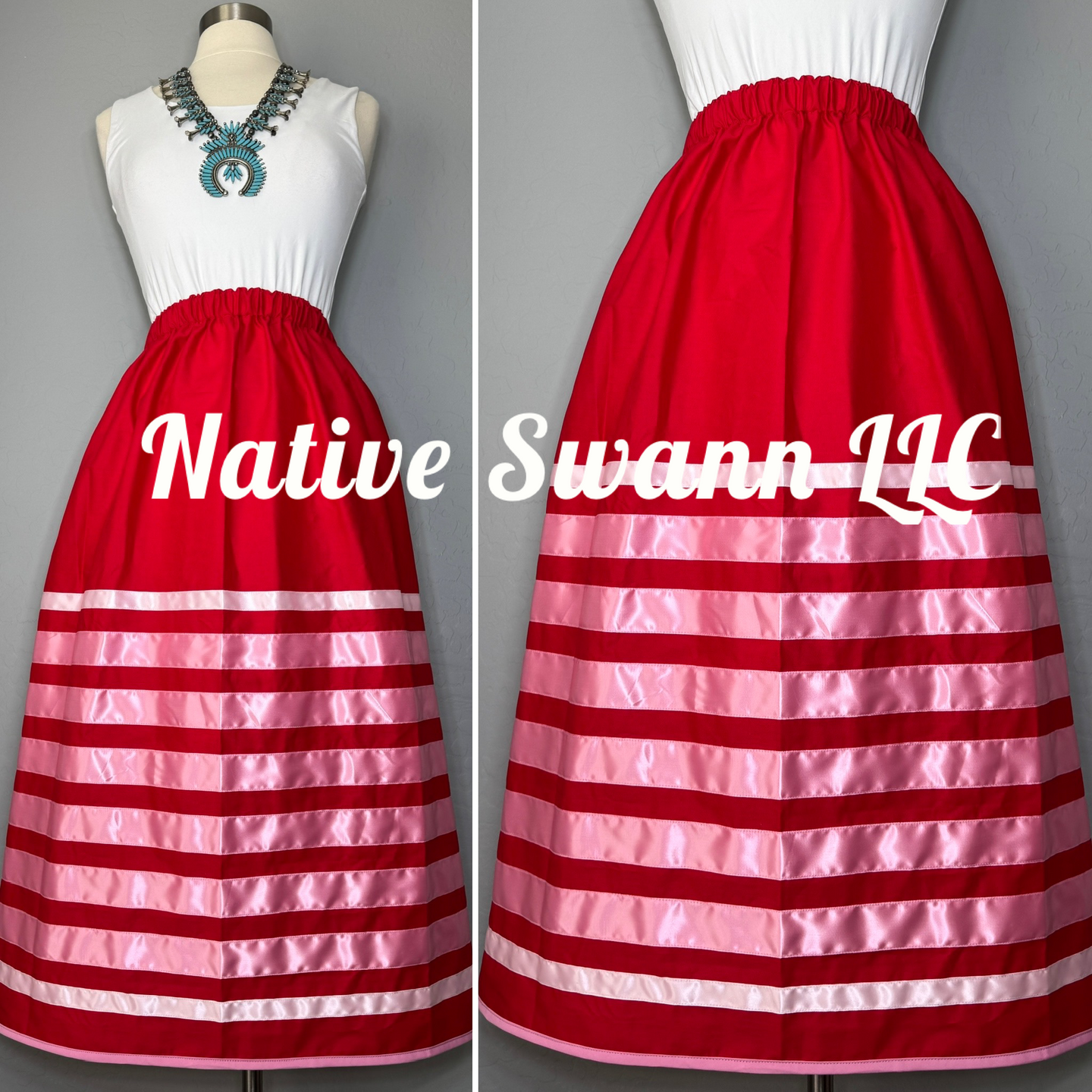 Red+Pink Cotton Ribbon Skirt w/ Pockets