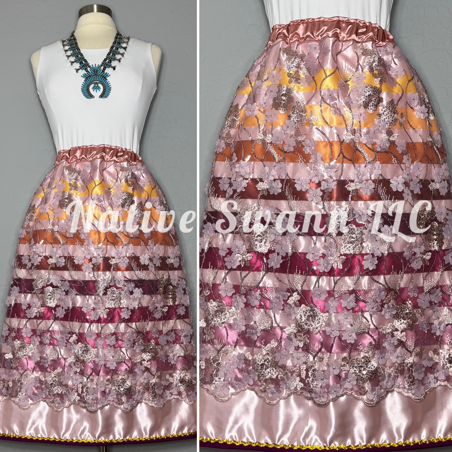 3D Floral Sequins Overlay Satin Ribbon Skirt