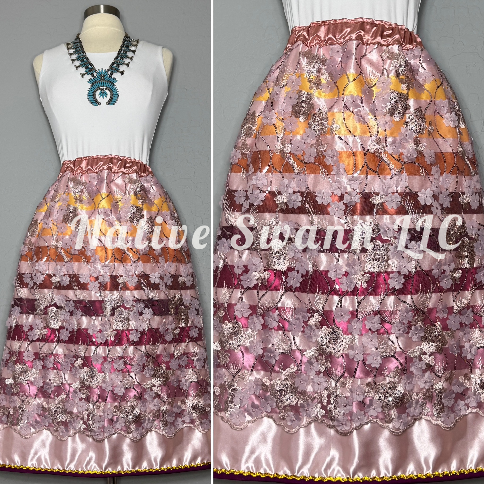 3D Floral Sequins Overlay Satin Ribbon Skirt