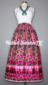 Pink Beaded Print Hummingbird Cotton Ribbon Skirt w/ pockets