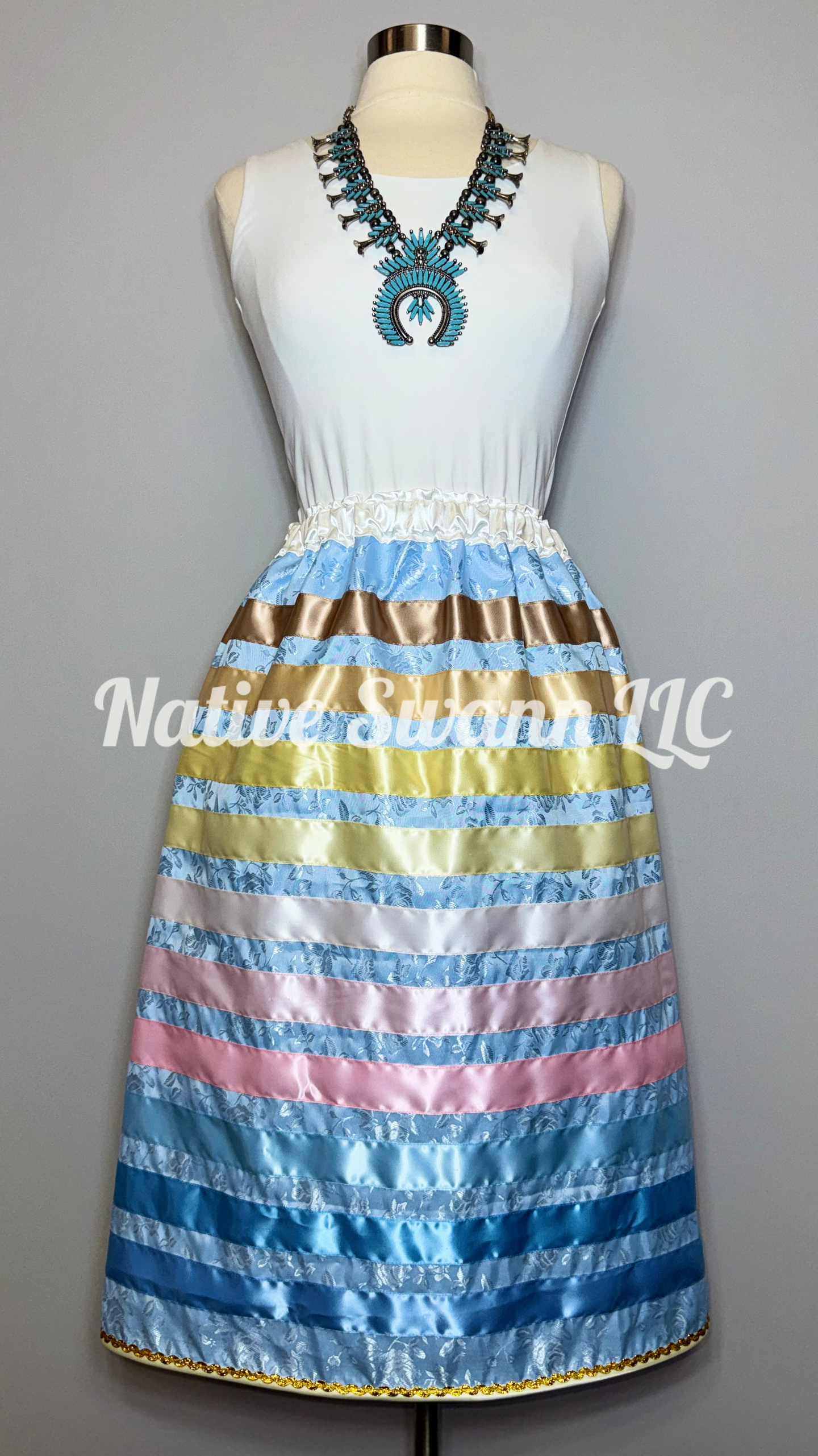 Lt. Blue Roses Satin Ribbon Skirt w/ Pockets