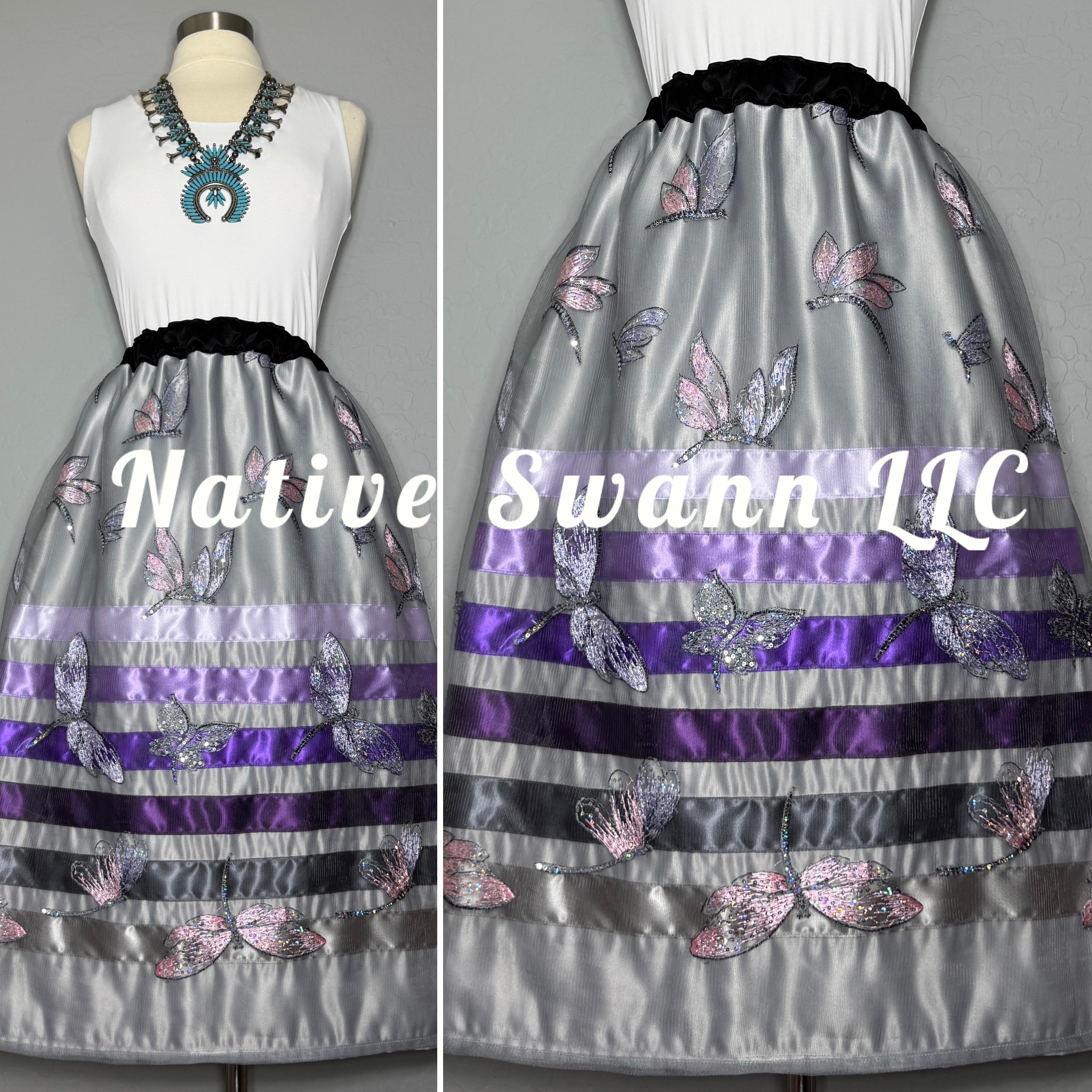 Grey+Purple Dragonflies Overlay Satin Ribbon Skirt