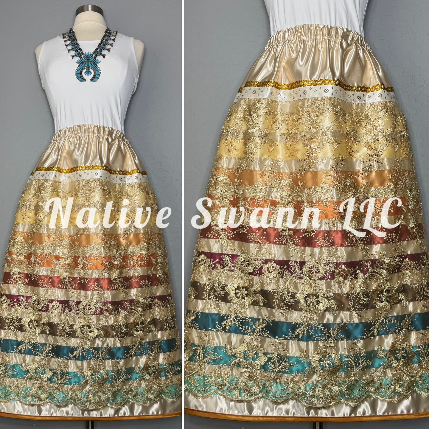 Beige-Gold Floral Emb. Overlay Satin Ribbon Skirt