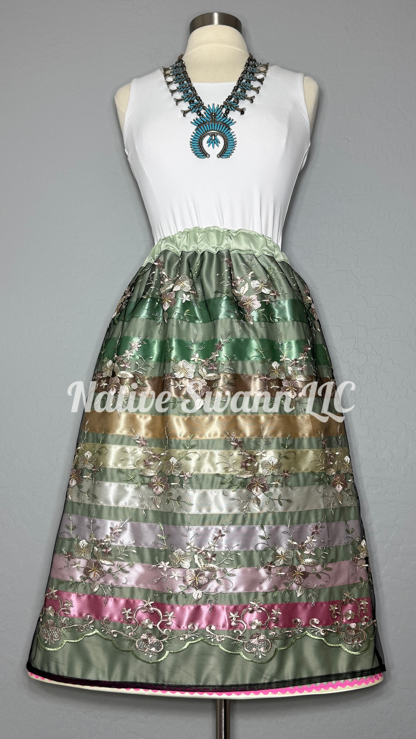 Moss Green Embroidered Floral Overlay Satin Ribbon Skirt