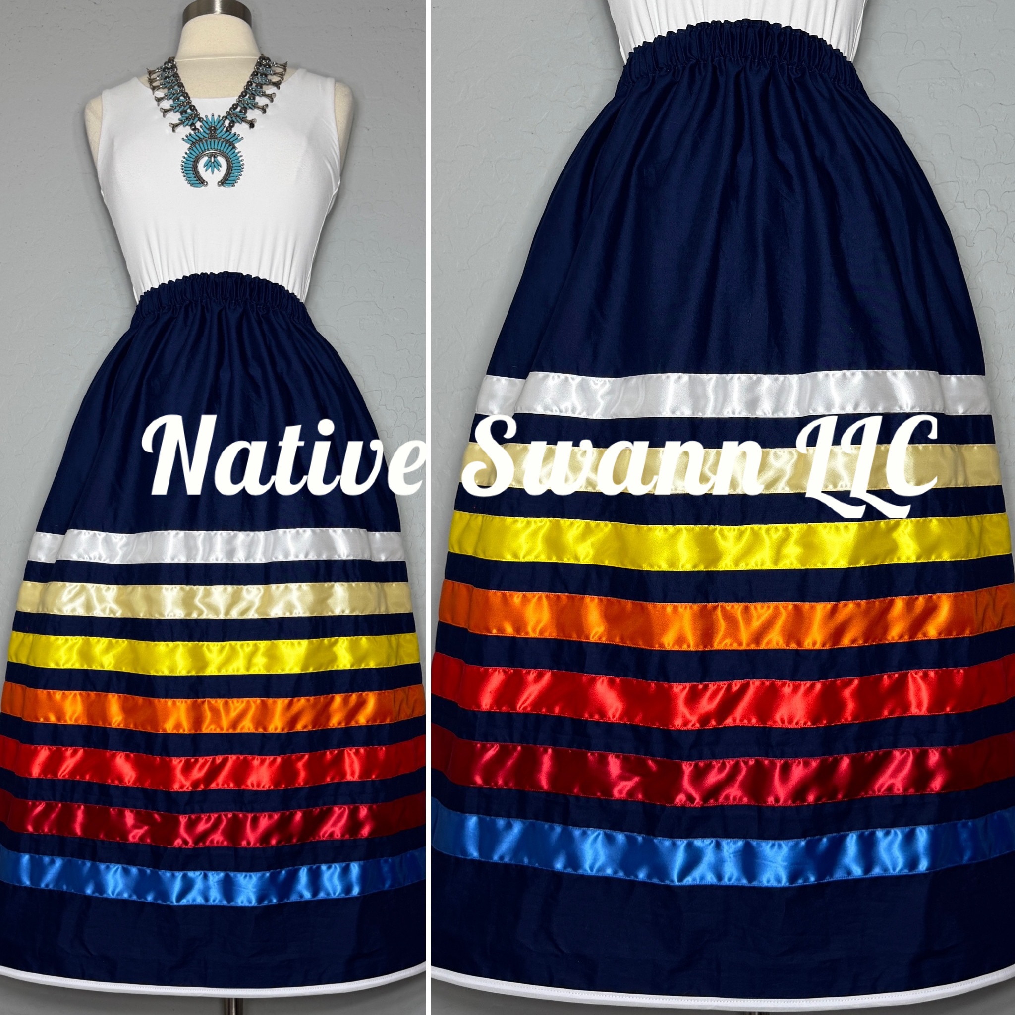 Navy Blue Solid Cotton Ribbon Skirt w/ Pockets