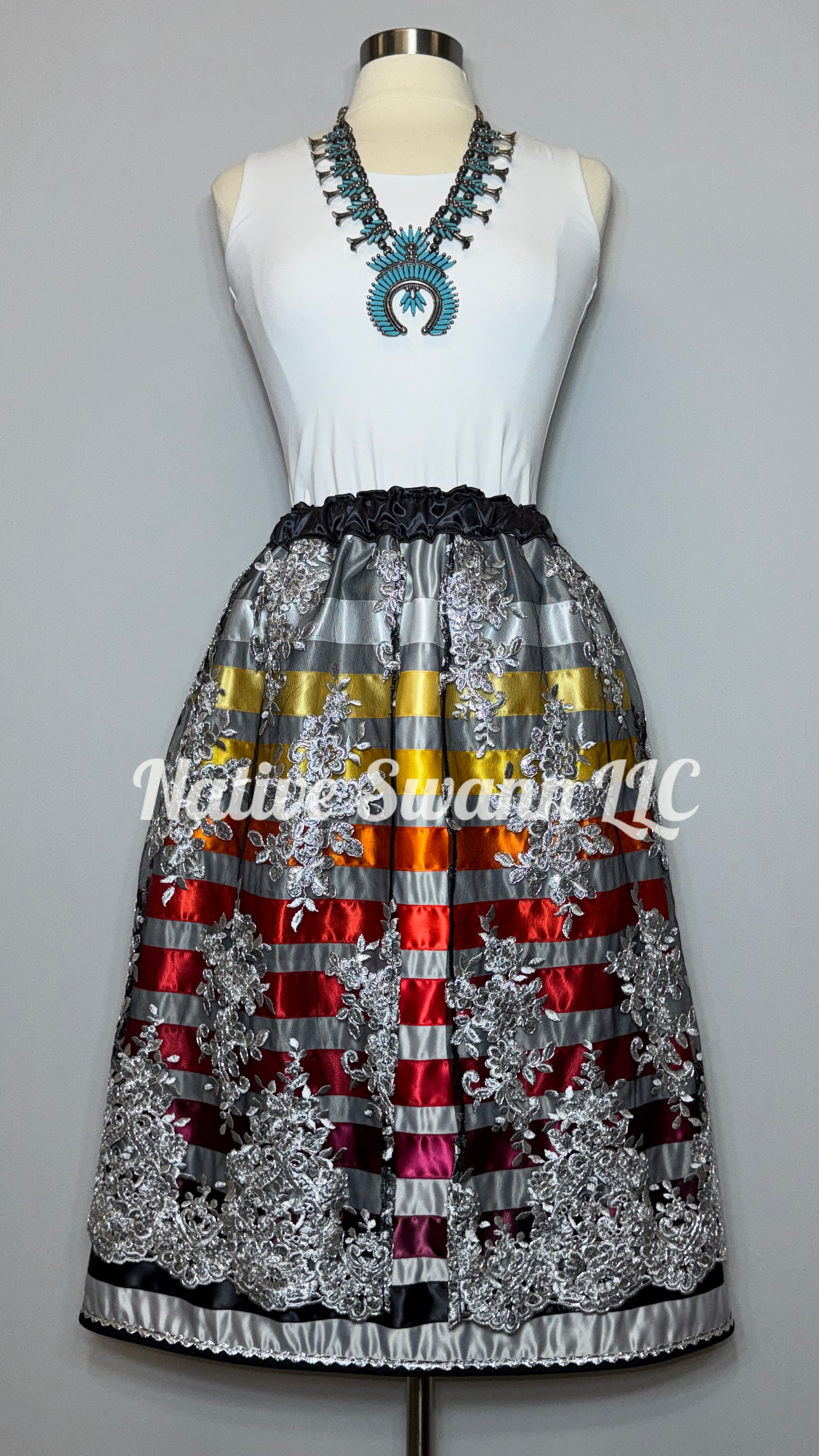 Grey-Silver Floral Overlay Satin Ribbon Skirt (Open Front)