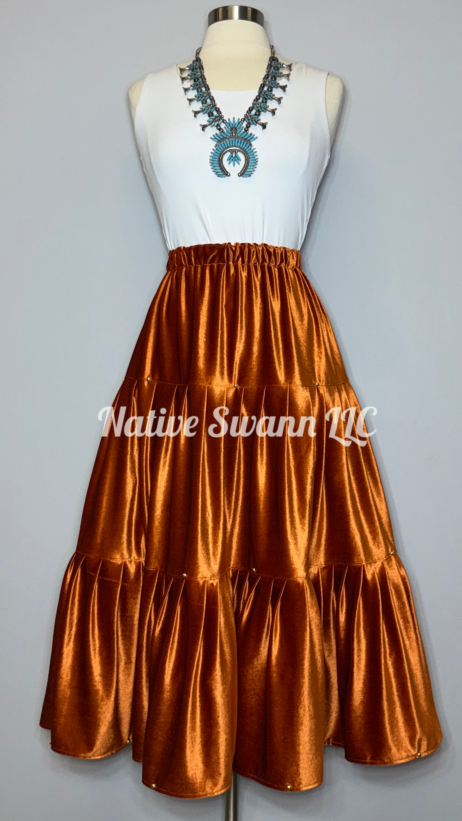 Rust Velvet 3 Tier Skirt w/ Gold Studs