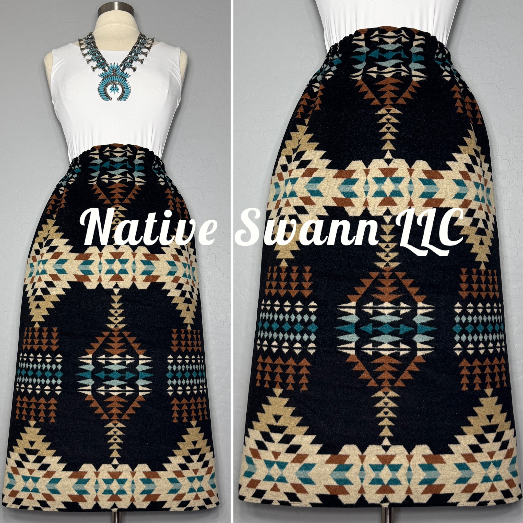 Black Native Design Wool Skirt